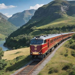 An image of a luxury train, featuring lavish interiors, polished exteriors and grand locomotive design, travelling through a picturesque landscape.