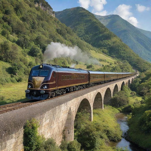 An image of a luxury train, featuring lavish interiors, polished exteriors and grand locomotive design, travelling through a picturesque landscape.