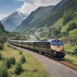 An image of a luxury train, featuring lavish interiors, polished exteriors and grand locomotive design, travelling through a picturesque landscape.