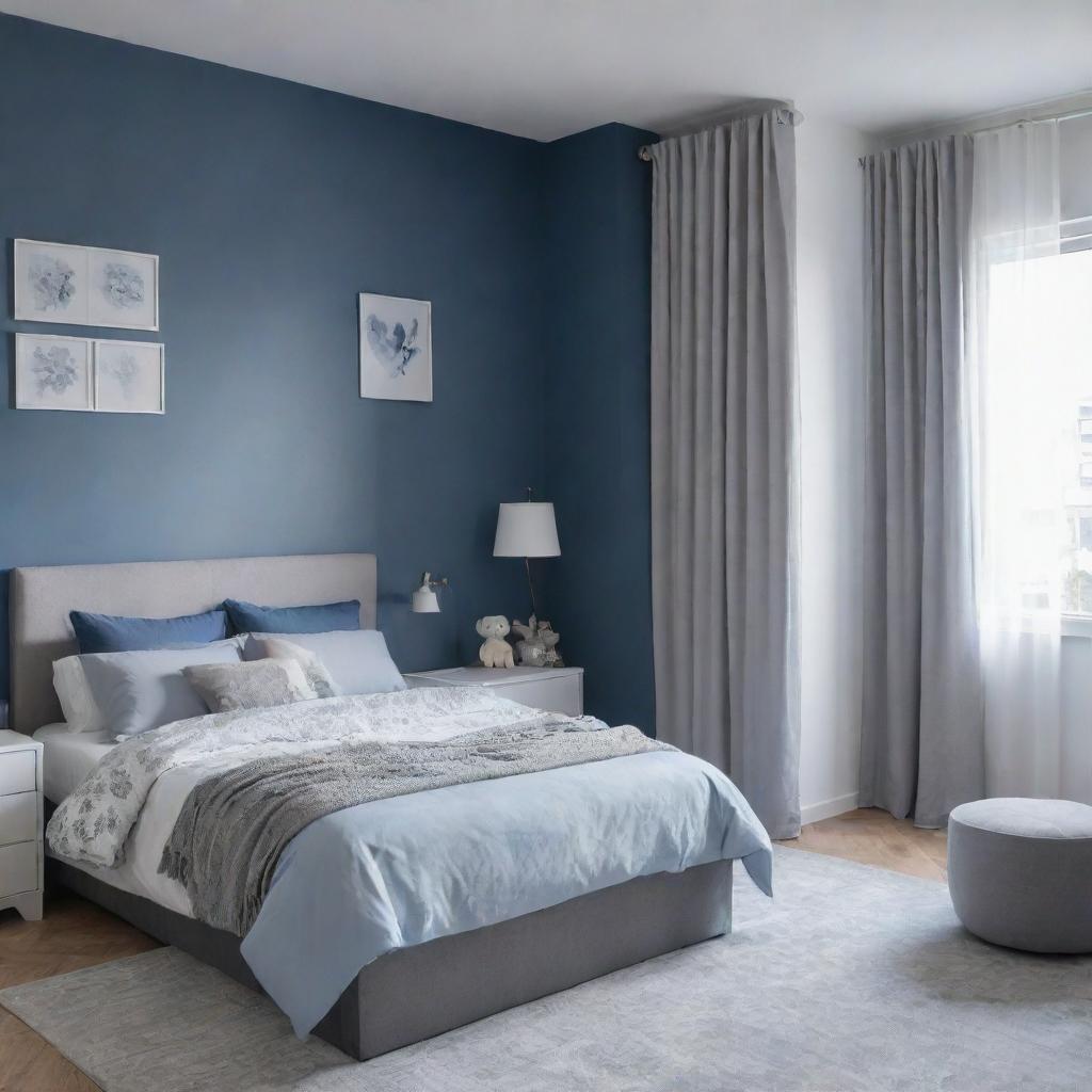 A cozy bedroom with a color theme of blue and grey, featuring a queen's bed, a white study desk with a night lamp, a bookshelf, an aesthetically pleasing rack filled with teddies, a built-in wall closet, two side tables, and a balcony entrance draped with curtains.