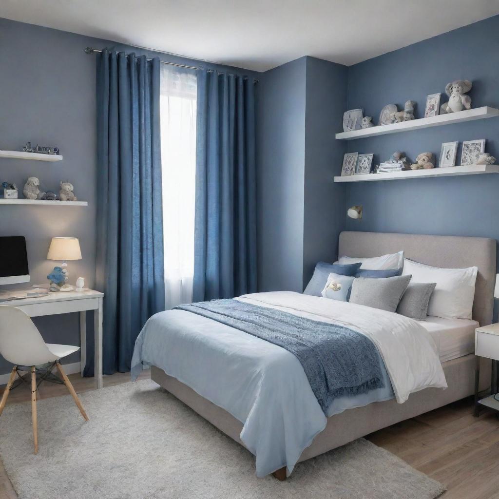 A cozy bedroom with a color theme of blue and grey, featuring a queen's bed, a white study desk with a night lamp, a bookshelf, an aesthetically pleasing rack filled with teddies, a built-in wall closet, two side tables, and a balcony entrance draped with curtains.