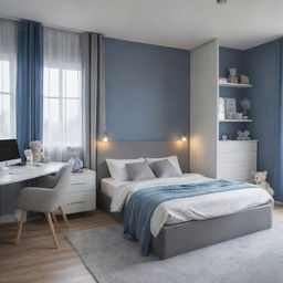 A cozy bedroom with a color theme of blue and grey, featuring a queen's bed, a white study desk with a night lamp, a bookshelf, an aesthetically pleasing rack filled with teddies, a built-in wall closet, two side tables, and a balcony entrance draped with curtains.