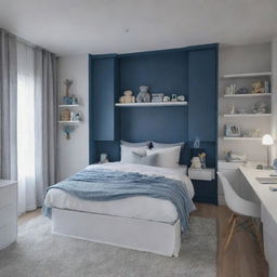 A cozy bedroom with a color theme of blue and grey, featuring a queen's bed, a white study desk with a night lamp, a bookshelf, an aesthetically pleasing rack filled with teddies, a built-in wall closet, two side tables, and a balcony entrance draped with curtains.