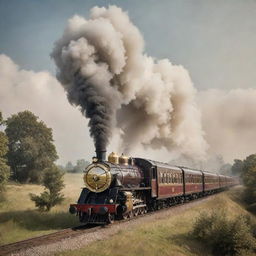 A vintage-style image of a luxury steam train, with opulently decorated carriages, gleaming metalwork and plumes of billowing smoke, traveling through a romantic landscape.