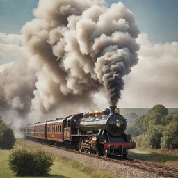 A vintage-style image of a luxury steam train, with opulently decorated carriages, gleaming metalwork and plumes of billowing smoke, traveling through a romantic landscape.