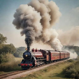 A vintage-style image of a luxury steam train, with opulently decorated carriages, gleaming metalwork and plumes of billowing smoke, traveling through a romantic landscape.