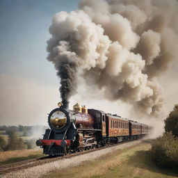 A vintage-style image of a luxury steam train, with opulently decorated carriages, gleaming metalwork and plumes of billowing smoke, traveling through a romantic landscape.