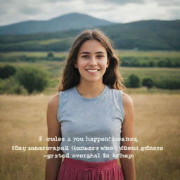 A photograph-like image of a girl set against a background landscape, with the text '5 Rules of Happiness: 1. Don't hate anyone. 2. Don't compare yourself with others. 3. Don't worry about the past or the future. 4. Don't expect to get what you give. 5. Don't complain.' overlaid at the bottom.