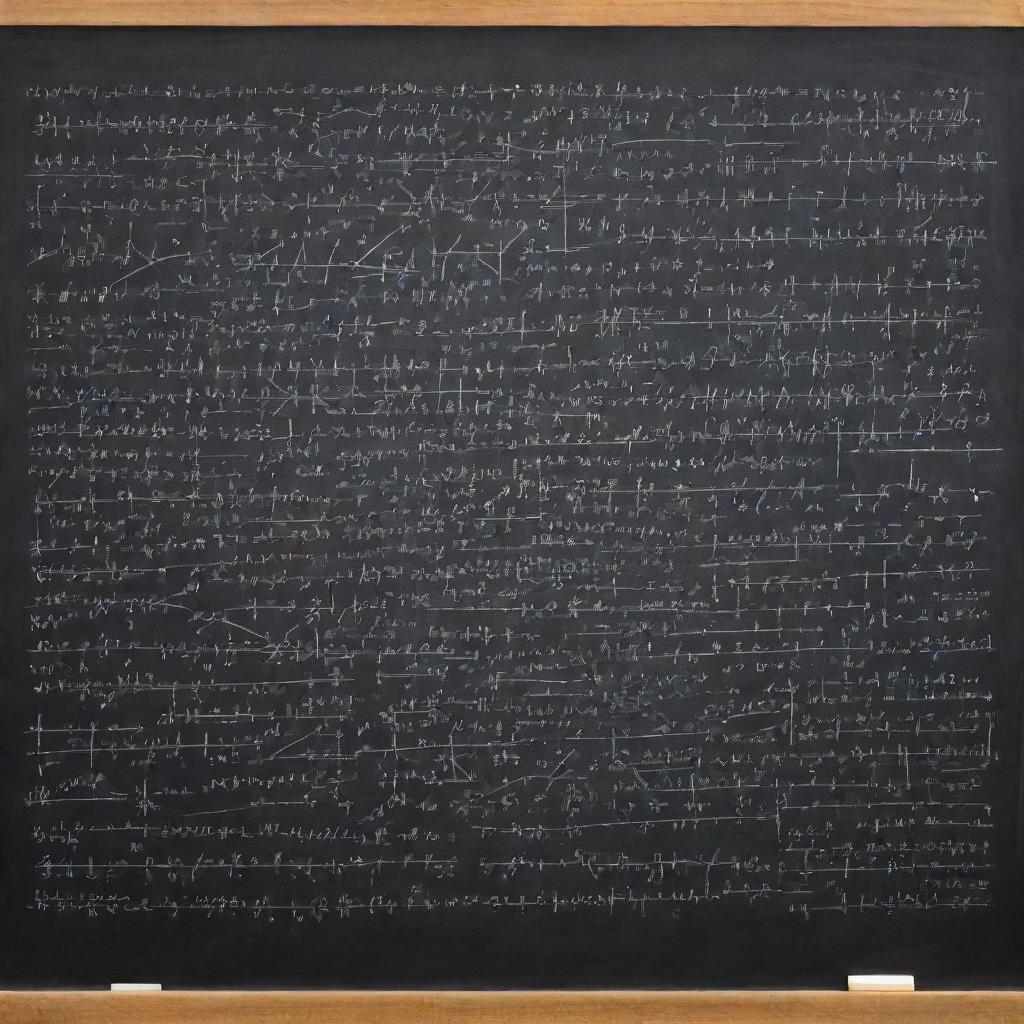 A detailed visualization of complex mathematical equations and graphs scattered across a chalkboard