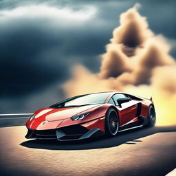 A high-quality digital art image depicting a sleek Lamborghini car in full throttle, performing an incredible drift