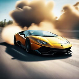 A high-quality digital art image depicting a sleek Lamborghini car in full throttle, performing an incredible drift