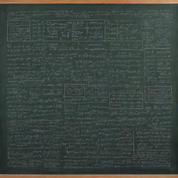 A detailed visualization of complex mathematical equations and graphs scattered across a chalkboard