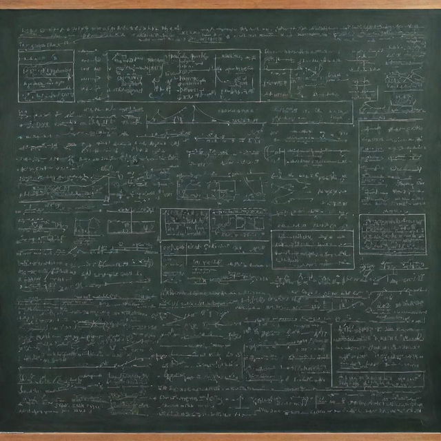 A detailed visualization of complex mathematical equations and graphs scattered across a chalkboard