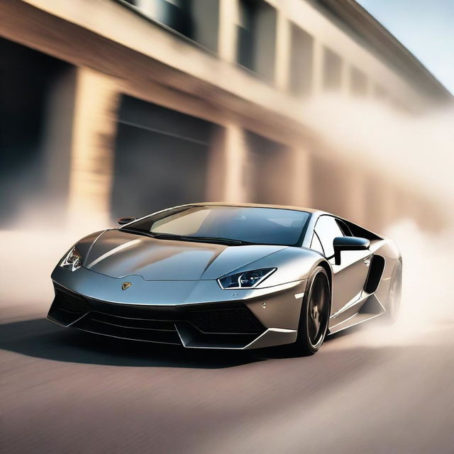 A high-quality digital art image depicting a sleek Lamborghini car in full throttle, performing an incredible drift