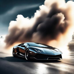 A high-quality digital art image depicting a sleek Lamborghini car in full throttle, performing an incredible drift