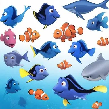 In the movie 'Finding Nemo', a gam of whales is encountered by the main characters during their journey.