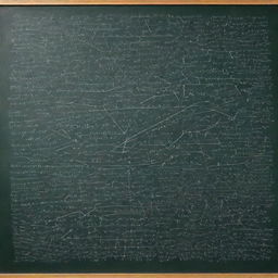 A detailed visualization of complex mathematical equations and graphs scattered across a chalkboard