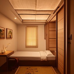 A cozy bedroom with soft LED lighting encased in cotton against the ceiling, a study area with a table-chair and lamp, a sliding window, a ceiling fan, scenic wall art, a single bed with storage compartments below, a floor mat, and an almirah with a mirror.