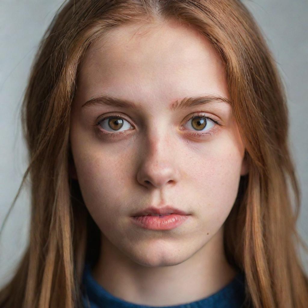 A portrait of a teenager with hazel eyes and hazel-colored hair, displaying a broad range of emotion.