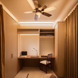 A cozy bedroom with soft LED lighting encased in cotton against the ceiling, a study area with a table-chair and lamp, a sliding window, a ceiling fan, scenic wall art, a single bed with storage compartments below, a floor mat, and an almirah with a mirror.