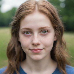 A detailed portrait of a pale-skinned teenager with hazel eyes, hazel-colored hair, and charming dimples.