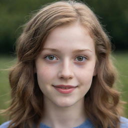 A detailed portrait of a pale-skinned teenager with hazel eyes, hazel-colored hair, and charming dimples.