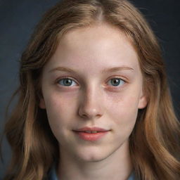 A detailed portrait of a pale-skinned teenager with hazel eyes, hazel-colored hair, and charming dimples.