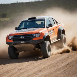 An action-filled image of a robust and rugged rally truck, kicking up dust as it navigates a challenging off-road track.