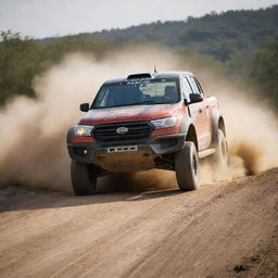 An action-filled image of a robust and rugged rally truck, kicking up dust as it navigates a challenging off-road track.