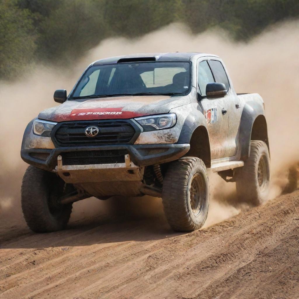 An action-filled image of a robust and rugged rally truck, kicking up dust as it navigates a challenging off-road track.