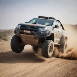 An action-filled image of a robust and rugged rally truck, kicking up dust as it navigates a challenging off-road track.