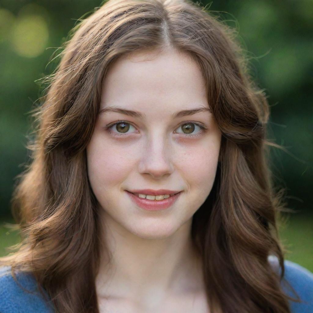 A detailed portrait of a pale-skinned teenager with hazel eyes, long brown hair, and charming dimples.