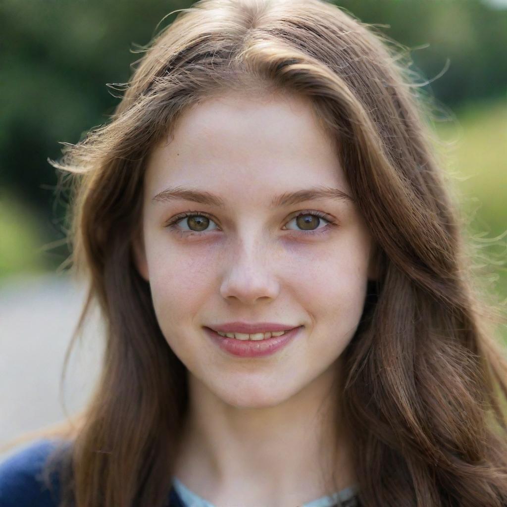 A detailed portrait of a pale-skinned teenager with hazel eyes, long brown hair, and charming dimples.