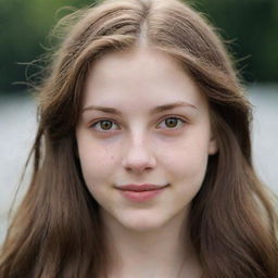 A detailed portrait of a pale-skinned teenager with hazel eyes, long brown hair, and charming dimples.