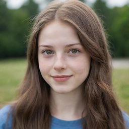 A detailed portrait of a pale-skinned teenager with hazel eyes, long brown hair, and charming dimples.