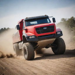 An intense image of a heavy-duty rally trailer truck, showcasing its durability and power as it races across a rigorous off-road course.