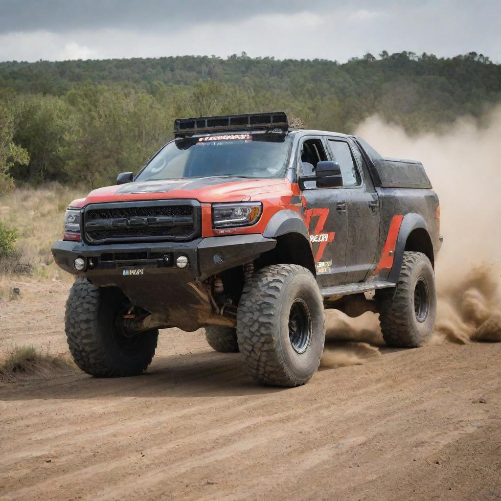 An intense image of a heavy-duty rally trailer truck, showcasing its durability and power as it races across a rigorous off-road course.