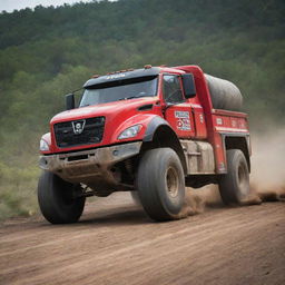 An intense image of a heavy-duty rally trailer truck, showcasing its durability and power as it races across a rigorous off-road course.