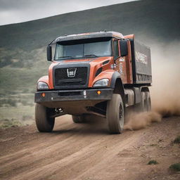 An intense image of a heavy-duty rally trailer truck, showcasing its durability and power as it races across a rigorous off-road course.