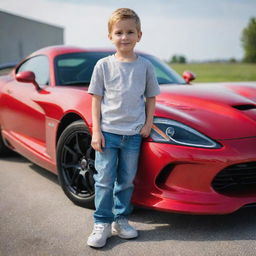 A young boy confidently standing in front of a sleek Dodge Viper under bright daylight.