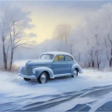 The painter used a defroster to create a realistic effect of icy car windows in their winter landscape artwork.