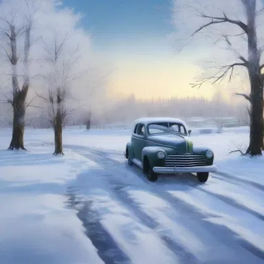 The painter used a defroster to create a realistic effect of icy car windows in their winter landscape artwork.