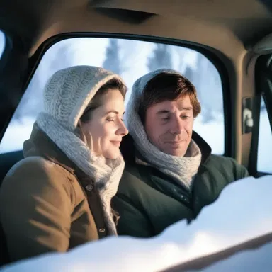 On their romantic winter getaway, the couple snuggled up in the car, enjoying the warmth of the defroster as it cleared the frost from the windows, creating a cozy atmosphere.