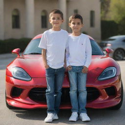 A young boy confidently standing in front of a sleek Dodge Viper under bright daylight.