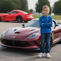 A young boy confidently standing in front of a sleek Dodge Viper under bright daylight.