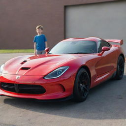 A young boy confidently standing in front of a sleek Dodge Viper under bright daylight.