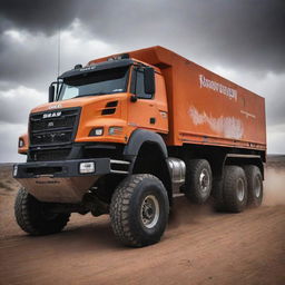 A dramatic image of a Dakar rally trailer truck, showcasing its durability, power and preparedness to withstand the harshest desert terrains.