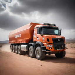 A dramatic image of a Dakar rally trailer truck, showcasing its durability, power and preparedness to withstand the harshest desert terrains.