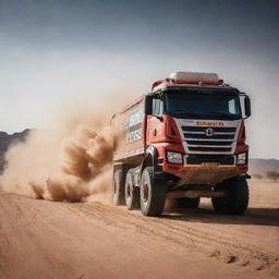 A dramatic image of a Dakar rally trailer truck, showcasing its durability, power and preparedness to withstand the harshest desert terrains.