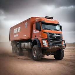 A dramatic image of a Dakar rally trailer truck, showcasing its durability, power and preparedness to withstand the harshest desert terrains.